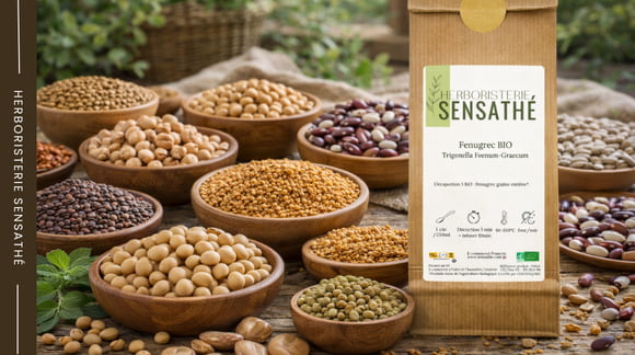 Légumineuses de la famille des Fabacées sur table rustique  lentilles, pois chiches, haricots, fèves et soja - Herboristerie Sensathé